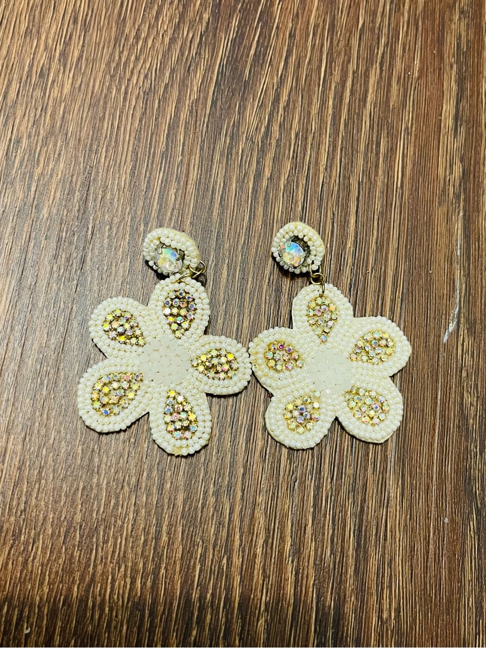 Beaded Floral Drop Earrings - Ivory with Gold Accents